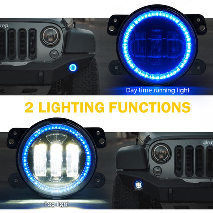 4 Inch 60W LED Fog Light w/Blue Halo DRL Compatible with 07-18 Jeep JK JKU