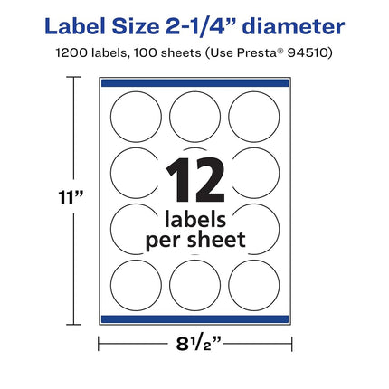 Etiquetas redondas removibles Avery mate blancas con tecnología Sure Feed, impresión hasta el borde, 2.25" de diámetro, 1,200 etiquetas removibles, etiquetas imprimibles con láser/inyección de tinta