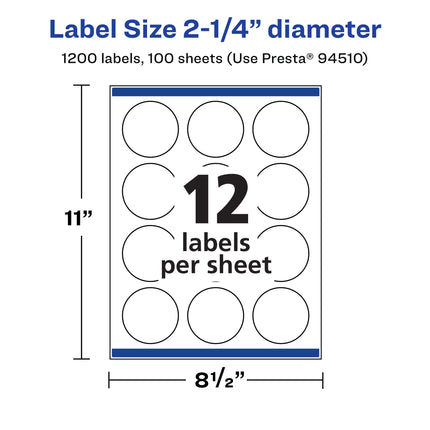 Avery Matte White Round Labels with Sure Feed, 2.25" Diameter, 1,200 Matte White Printable Labels