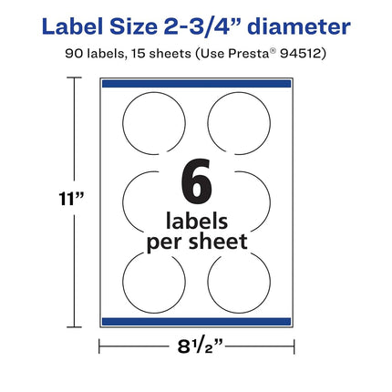 Avery Matte White Removable Round Labels with Sure Feed Technology, Print-to-The-Edge, 2.75" Diameter, 90 Removable Labels, Laser/Inkjet Printable Labels