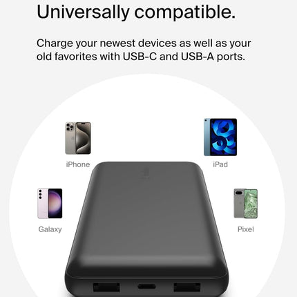 Belkin Power Bank 20K USB A and C Portable Battery Pack, 15W Black Phone Charger