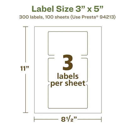 Etiquetas rectangulares recicladas Avery EcoFriendly de color blanco mate, 3" x 5", impresión hasta el borde, etiquetas blancas mate, adhesivo permanente, imprimibles con láser/inyección de tinta, 300 en total