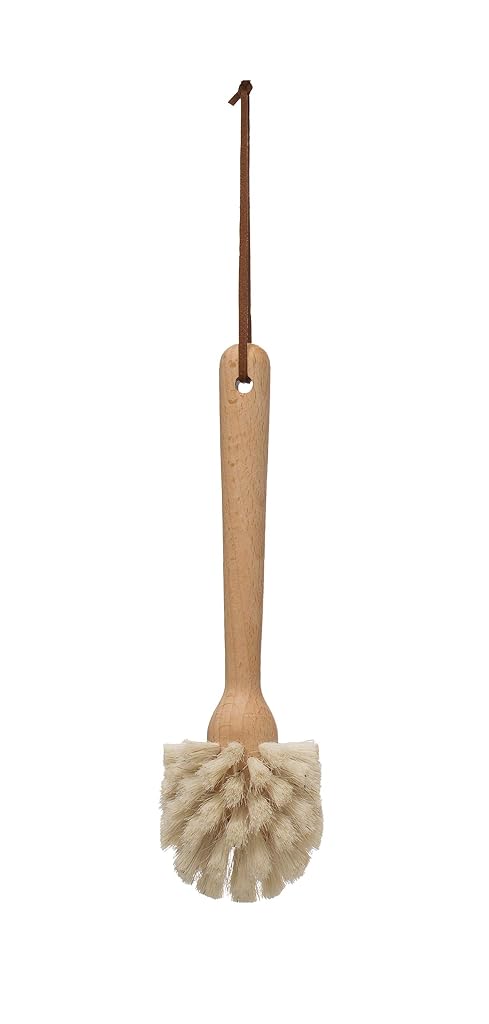 Creative Co-Op Beech Wood Leather Strap Dish Brush, Tan