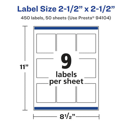 Avery Glossy Clear Square Labels with Sure Feed, 2.5" x 2.5", 450 Glossy Clear Labels, Laser/Inkjet Printable Labels