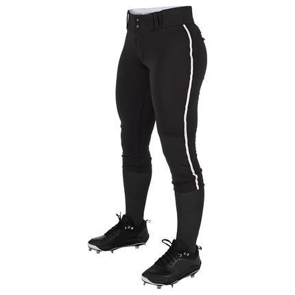 Champro Women's Tournament Low Rise Softball Pants with Side, Black, White Pipe, Small