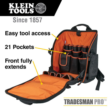 Backpack Tool Bag, Heavy Duty Tool Organizer, 21 Pockets and Large Interior, Includes Flashlight with Work Light Klein Tools 55655