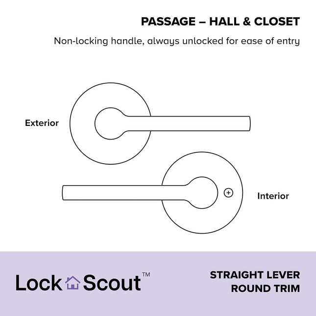 Lock Scout Straight Lever with Round Trim Hall and Closet Door Handle, Matte Black Finish, 8 Pack