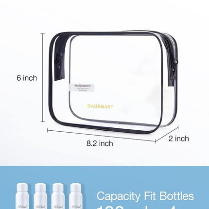 BAGSMART Clear Toiletry Bag, 3 Pack TSA Approved Toiletry Bag Quart Size Bag, Active Black, 2 Pack, Medium, 2 Pack, Medium