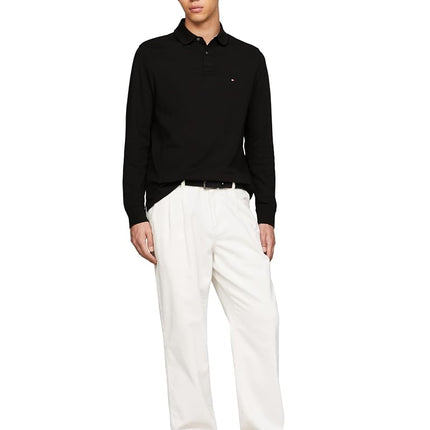 Tommy Hilfiger Men's Long Sleeve Polo Shirts in Regular Fit with Stretch and Organic Pique Cotton, Black, XS