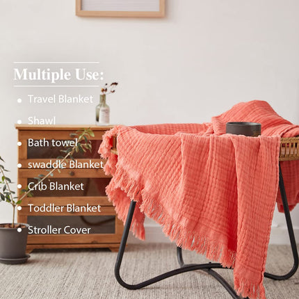 Manta de muselina de algodón Simple&Opulence para cama, sofá, manta de gasa tejida con borlas, suave, ligera, acogedora, prelavada, transpirable, decoración de casa de campo para todas las estaciones (rojo coral)