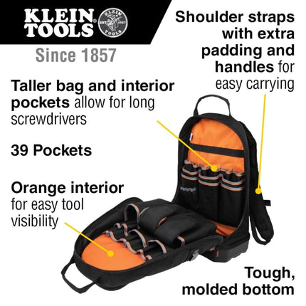 KLEIN TOOLS 55421BP-14 Tool Bag Backpack, Heavy Duty Tradesman Pro Tool Organizer/Tool Carrier with 39 Pockets and Molded Base