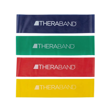 Lot de 4 bandes de résistance TheraBand, Kit de 4 boucles de 30 cm pour les entraînements des jambes et des fessiers, Niveaux débutant à avancé pour l'exercice, la rééducation, la physiothérapie, les étirements, la musculation