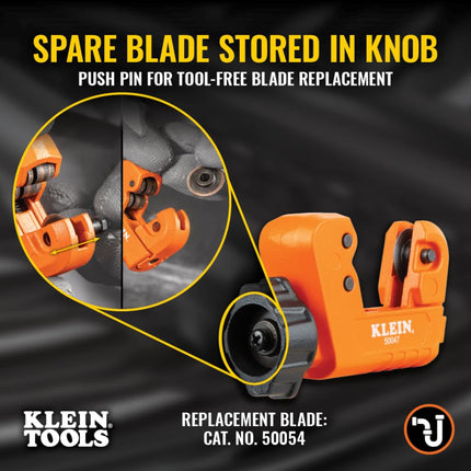 Klein Tools 50047 Mini Tubing Cutter, 1-1/8 Inch O.D. Cutting Capacity for Aluminum and Copper Tubing, Spare Blade Included
