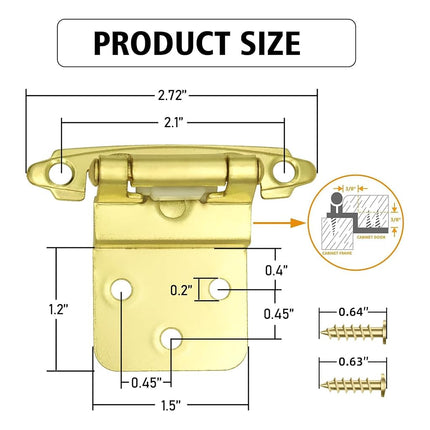 3/8 Inch Inset Brass Gold Cabinet Hinges, (10 Pairs - 20 Pack) Self Closing Hinges for Cabinets Doors, Kitchen Cabinet Door Hinges Hardware