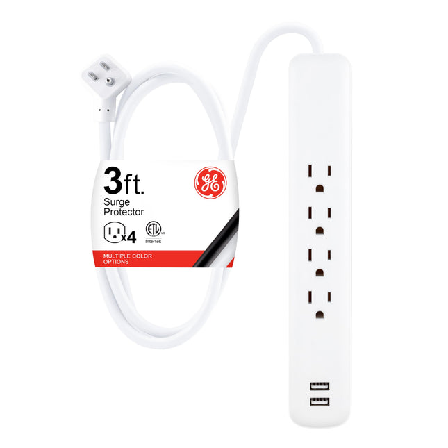 GE 4-Outlet Surge Protector, 2 USB Ports, 3 Ft Pow