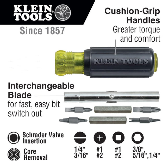 Klein Tools 80065 Schrader Driver Kit with Multi-Bit 11-in-1 Screwdriver/Nut Driver and 2-in-1 Nut Driver, Hex Head Slide Drive, 2-Piece