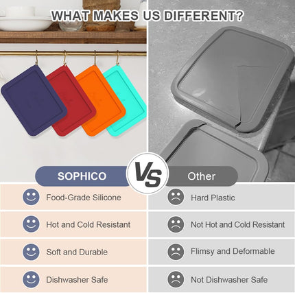 Sophico 6 Cup Rectangle Silicone Storage Cover Lids Replacement for Pyrex 7211-PC Glass Bowls, Container not Included (Navy Blue)