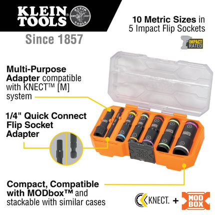 Klein Tools 65619 KNECT Flip-10 Metric Impact Socket Set, Deep Sockets, 5 Color-Coded Flip Sockets, 10 Metric Socket Sizes, 1/4 and 3/8-Inch Adapters, MODbox Case