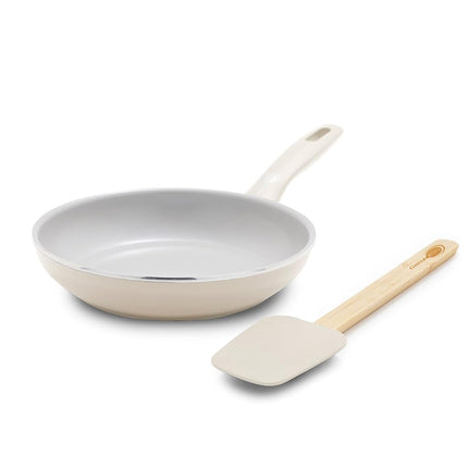 GreenPan Dover Healthy Ceramic Nonstick, 8" Frying Pan Skillet with Spatula, PFAS-Free, Dishwasher Safe, Comfort Grip Handle, Cream White