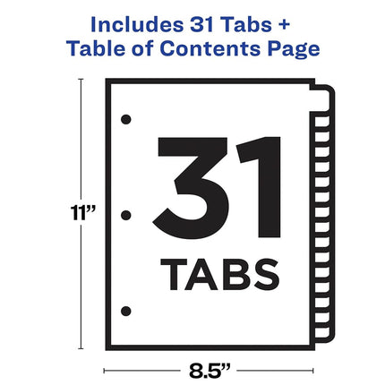 Avery 1-31 Tab Dividers for 3 Ring Binders, Customizable Table of Contents, Multicolor Tabs, 1 Set, 12 Packs (11846)