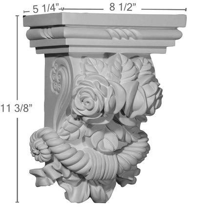 Ekena COR08X05X11RO 8 1/2" W x 5 1/4" D x 11 3/8" H Rose Corbel, Primed