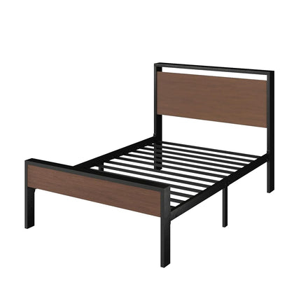 SHA CERLIN 14 Inch Twin Size Metal Platform Bed Frame with Wooden Headboard and Footboard, Mattress Foundation, No Box Spring Needed, Large Under Bed Storage, Heavy Duty Slats Support, Walnut