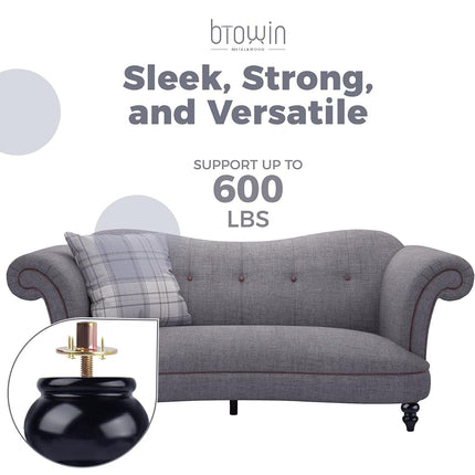 Btowin VCF 6 Inch / 15cm Solid Wood Furniture Legs, 4Pcs Black Couch Legs Turned Wooden Bun Feet with Threaded M8 Hanger Bolts & Mounting Plate & Screws for Sofa Cabinet TV Stand Ottoman Armchair