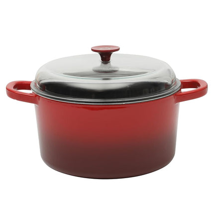 Olla de horno holandesa redonda de hierro fundido esmaltado Crock Pot Artisan de 7 cuartos con tapa de vidrio de borosilicato apta para horno, utensilios de cocina de alta resistencia para hornear, asar y cocinar a fuego lento, rojo