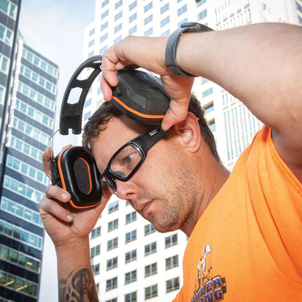 Klein Tools 60570 Hearing Protection Earmuffs, NRR 27dB, Ultra Thin Adjustable Safety Earmuffs Over The Head for Noisy Job Sites
