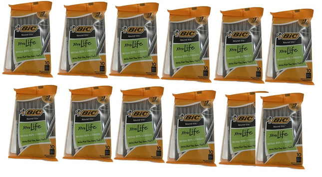 Bolígrafos BIC Round Stic Xtra Life, punta media (1.0 mm), paquete de 10 bolígrafos, bolígrafos n.º 1 en ventas (paquete de 12, 120 unidades en total)