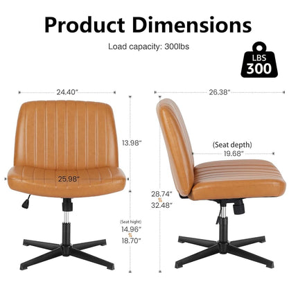 DUMOS Desk Chair No Wheels, Criss Cross Chair Wide Cross Legged Office Desk Vanity Chair, PU Leather Armless Adjustable Swivel Chairs for Home Computer Task Brwon