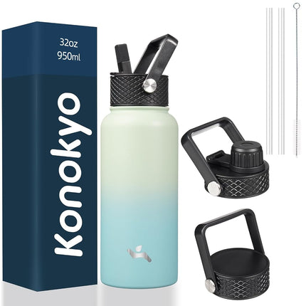 Konokyo Insulated Water Bottle with Straw,32oz 3 Lids Metal Bottles Stainless Steel Water Flask,Mint