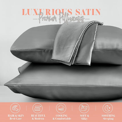 Elegant Comfort Silky and Luxurious 2-Piece Satin Pillowcase Set for Healthier Skin and Hair, Hidden Zipper Closure and Beautifully Packaged, Satin Pillowcase Set, King, Gray