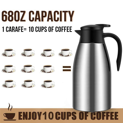 68oz Coffee Carafe Airpot Insulated Coffee Thermos Urn Stainless Steel Vacuum Thermal Pot Flask for Coffee, Hot Water, Tea, Hot Beverage - Keep 12 Hours Hot, 24 Hours Cold