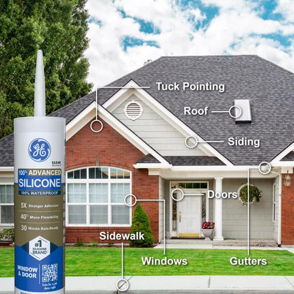 GE Advanced Silicone Caulk for Window & Door - 100% Waterproof Silicone Sealant, 5X Stronger Adhesion, Shrink & Crack Resistant - 10oz Cartridge, Clear, Pack of 1