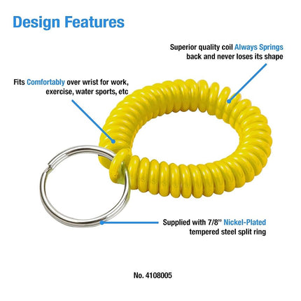 Lucky Line 2” Diameter Spiral Wrist Coil with Steel Key Ring, Flexible Wrist Band Key Chain Bracelet, Stretches to 12”, Yellow, 5 Pack (4108005)