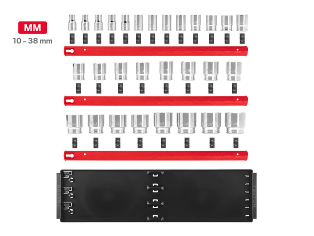 TEKTON 1/2 Inch Drive 12-Point Socket Set with Rails and Tray, 29-Piece (10-38 mm) | SHD92128