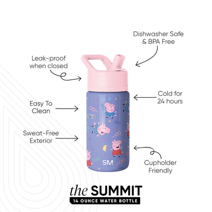 Simple Modern Peppa Pig Kids Water Bottle with Straw Lid | Reusable Insulated Stainless Steel Cup for School | Summit Collection | 14oz, Peppa Pig Bubbles