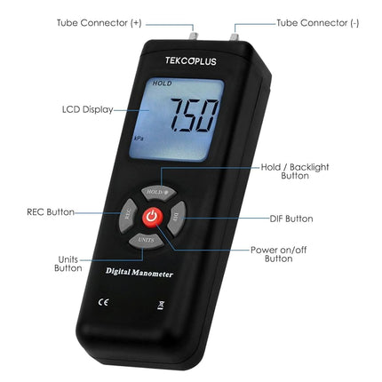 Portable Handheld Digital Manometer HVAC Air Vacuum/Gas Differential Pressure Gauge Meter Tester 11 Units with Backlight, 13.78kPa 2PSI, 1-2 Pipes Ventilation Air Condition System Measurement