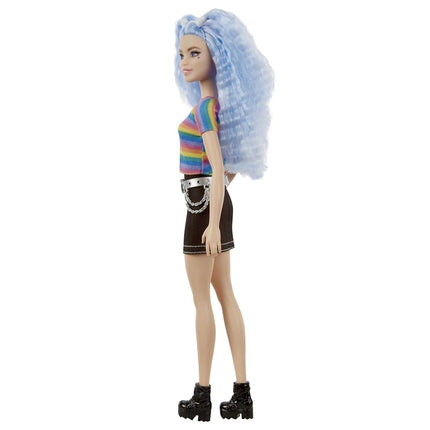 Barbie Fashionistas Doll #170 with Long Blue Crimped Hair, Star Face Makeup, Multi-colour Striped Tee, Denim Skirt, Black Boots & Silvery Chain Belt, Toy for Kids 3 to 8 Years Old, GRB61