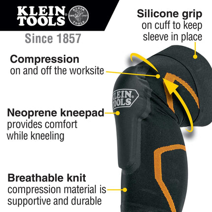 Klein Tools 60623 Knee Pad Compression Sleeve, Knee Support for Construction, Workers and Athletes, Black, M/L