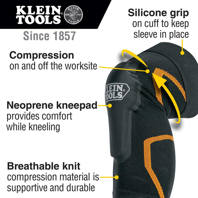 KLEIN TOOLS 60622 Knee Pad Compression Sleeve, Knee Support for Construction, Workers and Athletes, Black, S/M