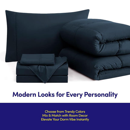 Sweet Home Collection Dorm Room Essentials College Bedding Comforter Set 7 Piece Full Size Bed in a Bag for College Students Boys and Girls, Full, Navy Blue