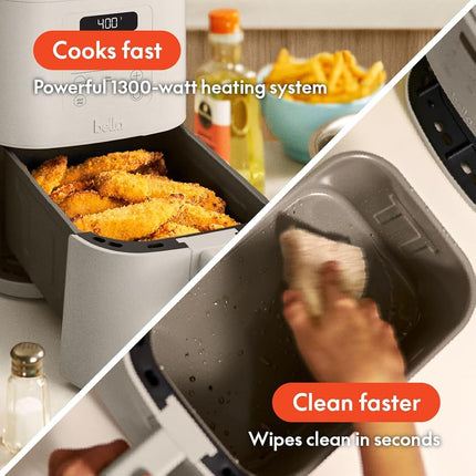 bella 4Qt Slim Air Fryer, Fits-anywhere� Kitchenware, EverGood� Ceramic Nonstick Coating, Adjustable Temperature, 6 Preset Cooking Options, 60 Min Auto Shutoff w Audible Tone, 3.3lb Capacity, Oatmilk