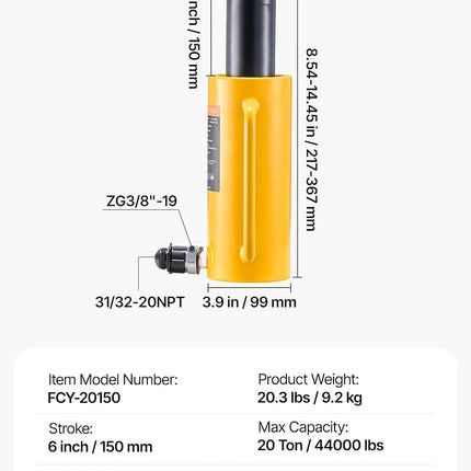 VEVOR Gato hidráulico de cilindro, cilindro hidráulico de ariete sólido de 20 toneladas, cilindro hidráulico de acción simple de 6 pulgadas de carrera, con conector rápido, gato hidráulico sólido portátil, cilindros de elevación hidráulicos