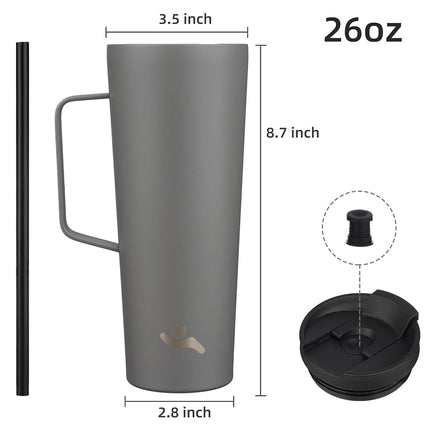Konokyo Insulated Tumbler with Handle and Straw, 26 OZ Travel Coffee Mug Stainless Steel Cup Metal Water Bottle,Grey