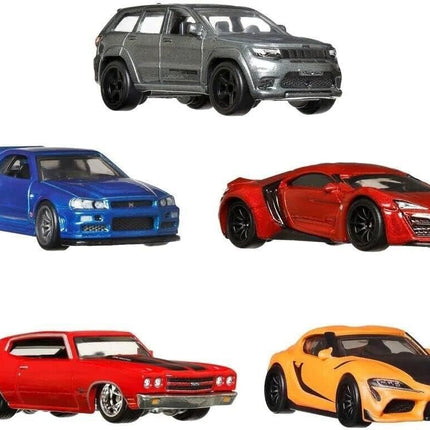 Hot Wheels FAST AND FURIOUS Die Cast PREMIUM COLLECTION BOX Set 5 Car Model - Toyota Supra Chevelle SS Lykan Hypersport Jeep Grand Cherokee Nissan Skyline - Scale 1:64 - length 6cm - HJC15
