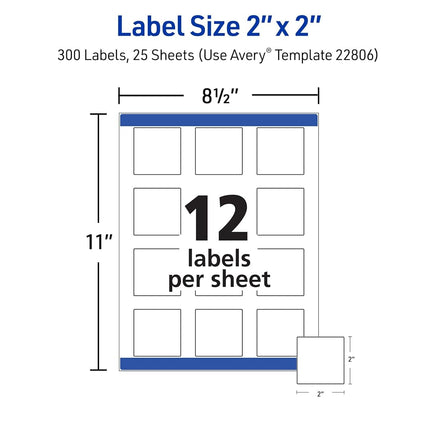 Avery Easy Peel Print-to-The-Edge White Square Labels, 2" x 2", 300 Labels per Pack, Case Pack of 5 (22806)