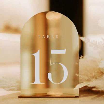 JINMURY Gold Wedding Table Numbers 1-15 With Stands, 15 Pack 5x7" Acrylic Arch Sign for Reception (Gold Mirror)