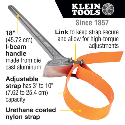 KLEIN TOOLS S18HB Strap Wrench, Adjustable Grip-It Strap Wrench Adjusts 3 to 10-Inch, 18-Inch Handle